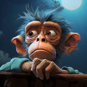 este é um desenho de um macaco com um olho no estilo de estudos de personagens surreais emotivos, coloridos, poses pensativas, topcor 58mm f/1.4, ilustrações tipo caricatura, #vfxfriday, solarizing master 3