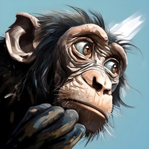este é um desenho de um macaco com um olho no estilo de estudos de personagens surreais emotivos, coloridos, poses pensativas, topcor 58mm f/1.4, ilustrações tipo caricatura, #vfxfriday, solarizing master 4