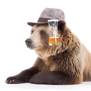 um urso com uma cartola e uma caneca de cerveja à frente e de perfil sobre um fundo branco 1