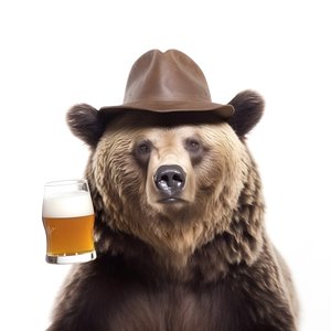 um urso com uma cartola e uma caneca de cerveja à frente e de perfil sobre um fundo branco 2