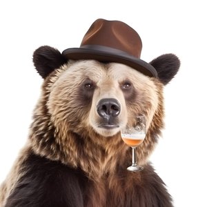 um urso com uma cartola e uma caneca de cerveja à frente e de perfil sobre um fundo branco 3