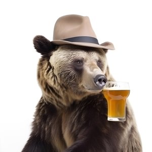 um urso com uma cartola e uma caneca de cerveja à frente e de perfil sobre um fundo branco 4