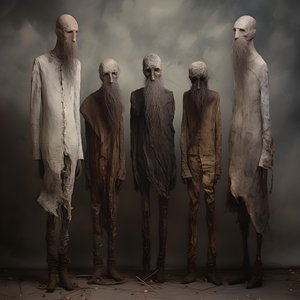 quatro figuras de barro de homens de pé, lado a lado 3