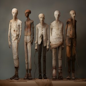 quatro figuras de barro de homens de pé, lado a lado 4