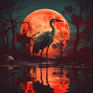 água e um grande pássaro no cenário noturno da lua cheia 1