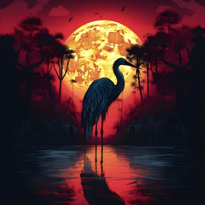 água e um grande pássaro no cenário noturno da lua cheia 2