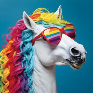 Cavalo branco com óculos arco-íris sobre um fundo azul 1