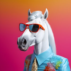 Cavalo branco com óculos arco-íris num fundo azul 3