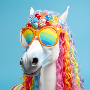 Cavalo branco com óculos arco-íris num fundo azul 4
