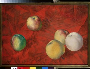 Pommes sur un arriere plan rouge. (Maçãs sobre o fundo vermelho). Peinture de Kuzma Sergeyevich Petrov Vodkin (Petrov-Vodkin) (Kouzma Petrov Vodkine) (Petrov-Vodkine) (1878-1939), huile sur toile. de Kuzma Sergeevich Petrov Vodkin