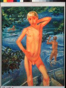 Meninos tomando banho. Pintura de Kuzma Sergeevich Petrov Vodkin (Petrov-Vodkin) (Kouzma Petrov Vodkin) (Petrov-Vodkin) (1878-1939), óleo sobre tela de Kuzma Sergeevich Petrov Vodkin