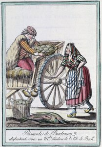 Poissarde de Bordeaux em disputa com um comerciante de ostras da cabeça de Buch - na "Enciclopédia das viagens" de J. Grasset St Sauveur, Deron, Paris de L.F. Labrousse