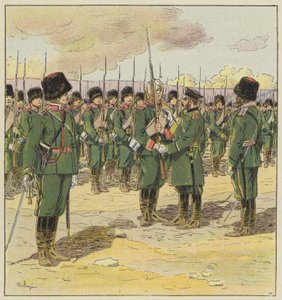 General Kuropatkin revê as tropas depois da Batalha de Kin-Tcheou de L. Malespine