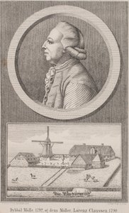 Moinho Dybbøl, 1792, e seu moleiro Lorenz Claussen, 1790 de L. Nissen