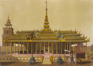 O Rei do Sião dirige-se aos cortesãos em seu pavilhão, placa 69 de Le Costume Ancien et Moderne, de Jules Ferrario, gravada por Gaetano Zancon (1771-1816), publicada c.1820s-30s de L. Rossi