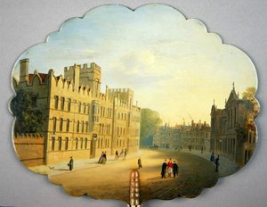 Ecrã vitoriano, com uma cena de Oxford High Street e Queen