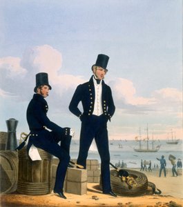 Gunners, Boatswains e Carpenters, prato 11 de &39;Traje da Marinha Real e Marinha&39;, gravado pelos artistas, c.1830-37