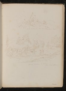 Paisagem com "cabras alimentando-se na montanha perto de Nice" (caneta e tinta)