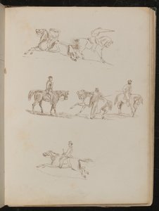 Seis estudos de cavalos com vários cavaleiros machos em várias poses, um com pistola levantada (caneta e tinta)