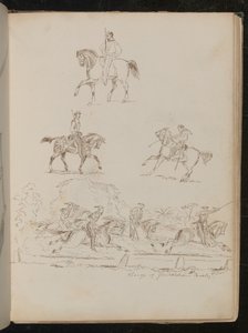 Estudos de soldados a cavalo, a cena do grupo está inscrita 