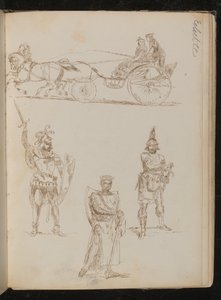 Estudo de uma carruagem desenhada a cavalo com três ocupantes, três estudos de guerreiros greco-romanos com armas e escudos (caneta e tinta)