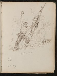Estudo do homem segurando a bandeira e o chapéu no alto, inscrito "Um dos "Prodi, abaixo estão três círculos (caneta e tinta)