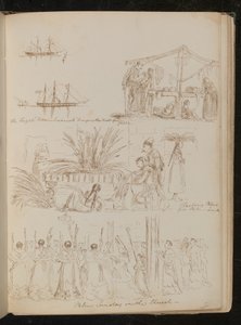 A fragata "Vittorio Emanuele" trazendo as tropas de Gaela, quatro mulheres "Plaiting Palms for Palm-Sunday" (caneta e tinta)