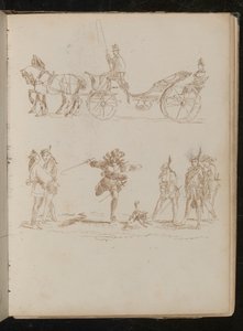 Oficial de gala com cartola e dragonas andando em carruagem puxada por cavalos, estudo de seis soldados mediterrâneos e um cachorro