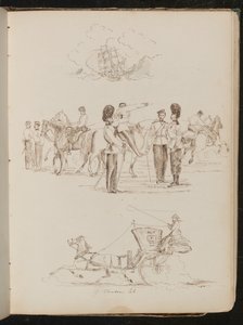 Estudo de um navio soprando na água, estudo de oito soldados e cinco cavalos, estudo de um cavalo e carruagem com uma cavaleira de Lady Butler