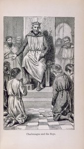 Carlos Magno (742-814) e os meninos, ilustração da "História da França de Little Arthur: do mais primitivo dos tempos à queda do segundo império", publicada em 1899