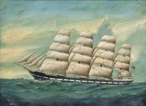 O navio de quatro mastros Romsdal a navegar nas ondas