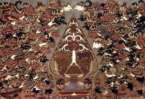 Pintura em estilo Wayang Beber, inspirada no Teatro das Sombras (wayang kulit), Palácio Mangkunegaran, Surakarta, Java, Indonésia