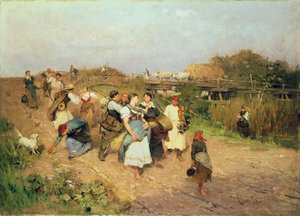 Colheitadeiras em seu caminho para casa, 1881 de Lajos Deak Ebner