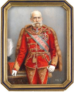 Retrato de François Joseph I da Áustria (1830-1916), em uniforme húngaro. Obra de Lajos Osko (1865-1922), aquarela e guache sobre chifre. Arte húngara, arte acadêmica. Coleção privada. de Lajos Osko