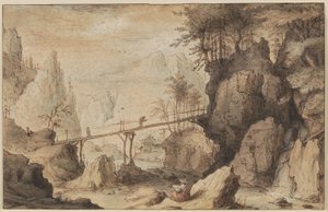 Desenhador em uma pedra antes de uma ponte de Lambert Doomer