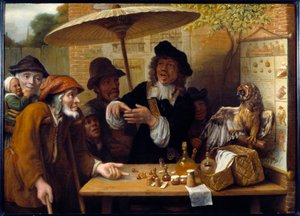 O charlatão. O viajante está debatendo boniments para vender drogas na praça pública. Pintura de Lambert Doomer (1623-1700)