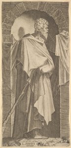 São Tiago Menor em nicho arqueado, segurando uma bengala nas mãos, que são c..., 1545.