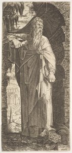 São Paulo de pé sob um arco coberto de mato, o pé esquerdo apoiado sobre uma rocha, a mão direita..., 1545.