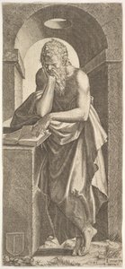 St. Simon em pé diante de um livro aberto com os dedos da mão esquerda pressionados no ..., 1545.