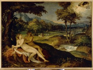 Júpiter e Io. Pintura por Lambert Sustris (1515 ou 1520 - após 1591), óleo sobre tela, entre 1558 e 1563. Arte italiana (Veneza)