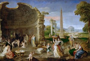 Paysage avec ruines antiques et femmes se baignant - Paisagem com ruínas antigas e mulheres de banho - Lambert Sustris (Alberto de Olanda) (1515/20-após 1591). Óleo sobre tela, ca. 1552-1553. Dimensão : 101x150 cm. Museu de História de Arte, Vienne