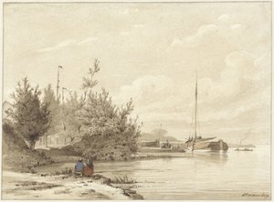 Paisagem com barcos amarrados na margem de um rio