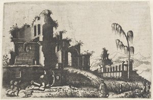 Paisagem com ruínas e viajantes em sobrecrescimento
Ruinarum variarum fabricarum delineationes pictoribus caeterisque id genus artificibus multum utiles (título da série)