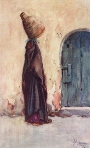 Povos do Egito: Mulher nativa carregando um jarro de água, Fellaha Hamla el Belassi (litografia a cores) de Lance Thackeray