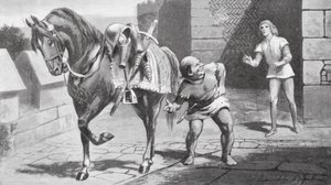 A sua mãe enviou a Gareth um belo cavalo e uma bela armadura (litografia) de Lancelot Speed