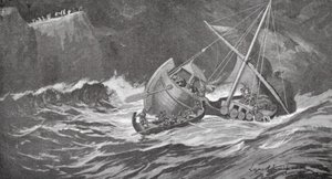 O navio de madeira foi apanhado por uma tempestade e os monges foram em seu auxílio em pequenos barcos (litografia) de Lancelot Speed
