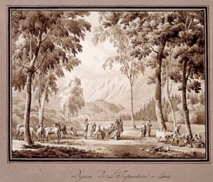 Café da manhã do Impress Josephine de Beauharnais em Cervos, em 1810. Desenho de Theodore Turpin De Crisse (1782-1859)