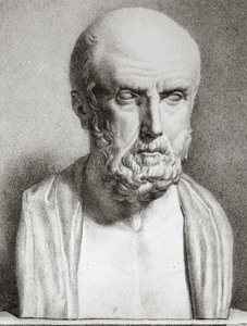 Retrato, de, hipócrates, c.460-c.377, bc, 1º, meio, 19o século, litho, bw, detalhe foto, de, 163525