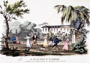 Jogos antigos: O jogo do diabo (diabolo) e o bilboquet, baseado numa litografia de Langlumé