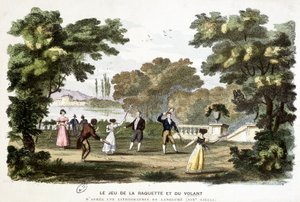 Jogos antigos: o jogo da raquete e do volante, ancestral do badmington, baseado numa litografia de Langlumé do século XIX.
